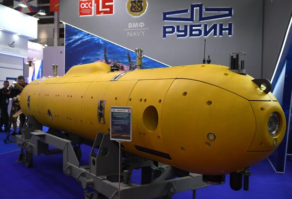 The autonomous unmanned underwater vehicle (ANPA) &quot;Klavesin-2R&quot; at the exhibition during the international military-technical forum Army-2022 at the Patriot Convention and Exhibition Center. - Sputnik International