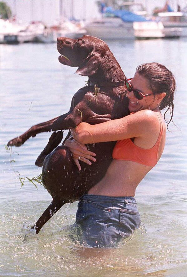 Лиз Райс со своим псом Джеком, которого она взяла из приюта Общества борьбы с жестокостью, купаются на собачьем пляже на озере Мичиган в Чикаго - Sputnik International