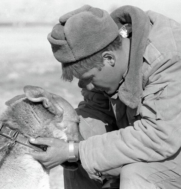 A Soviet soldier bids farewell to a service dog amid the withdrawal of forces from Afghanistan. - Sputnik International