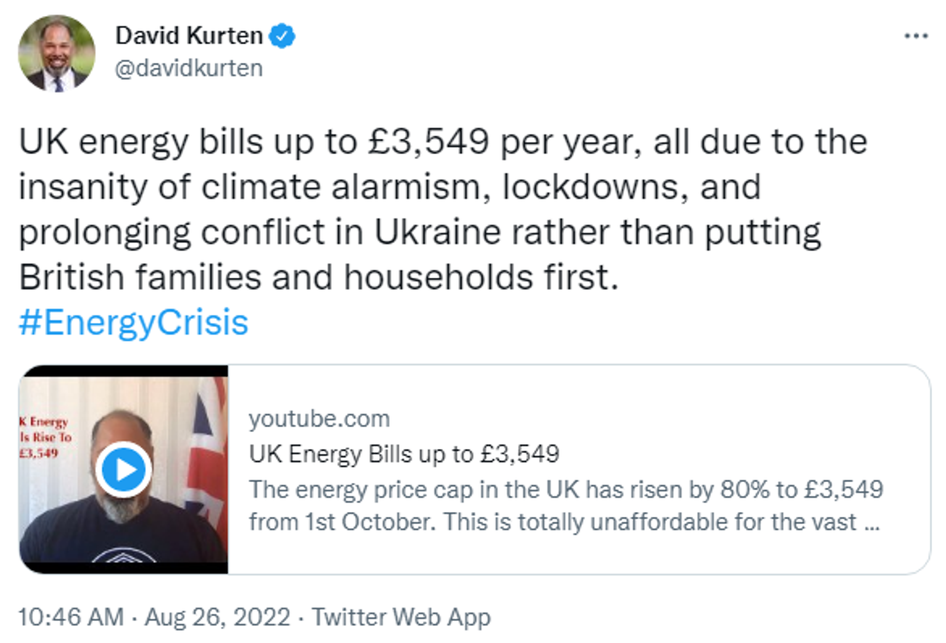 Tweet blaming the UK government policies including support for Ukraine in its conflict with Russia, for the energy crisis - Sputnik International, 1920, 26.08.2022
