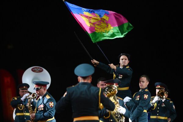 The band of the Russian National Guard Forces Chief Department for the Krasnodar Region takes part in the opening ceremony of the ‘Spasskaya Tower’ International Military Music Festival 2022. - Sputnik International