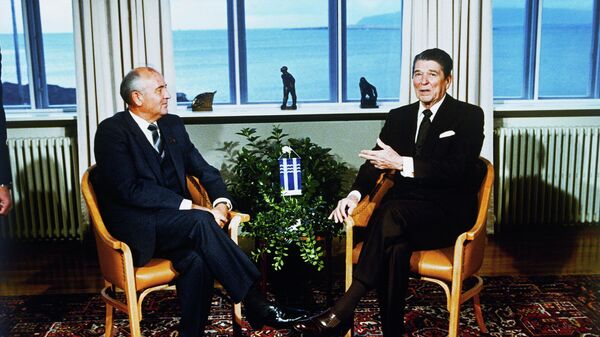 FILE - Soviet Leader Mikhail Gorbachev, left, and U.S. President Ronald Reagan talk during their meeting in Reykjavik, Iceland, Saturday, Oct. 11, 1986. Russian news agencies are reporting that former Soviet President Mikhail Gorbachev has died at 91. The Tass, RIA Novosti and Interfax news agencies cited the Central Clinical Hospital. - Sputnik International