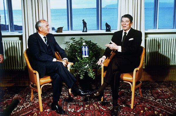 FILE - Soviet Leader Mikhail Gorbachev, left, and U.S. President Ronald Reagan talk during their meeting in Reykjavik, Iceland, Saturday, Oct. 11, 1986. Russian news agencies are reporting that former Soviet President Mikhail Gorbachev has died at 91. The Tass, RIA Novosti and Interfax news agencies cited the Central Clinical Hospital. - Sputnik International
