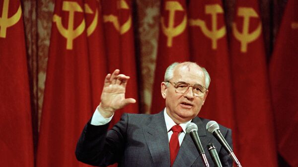 FILE - Soviet President Mikhail Gorbachev addresses a group of 150 business executives in San Francisco, Monday, June 5, 1990. Russian news agencies are reporting that former Soviet President Mikhail Gorbachev has died at 91. The Tass, RIA Novosti and Interfax news agencies cited the Central Clinical Hospital. - Sputnik International