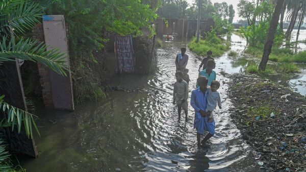 Flood affected residents wade across a street in Sukkur, Sindh province on September 2, 2022 - Sputnik International