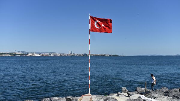 A man walks on rocks next to a Turkish national flag by the Bosphorus Strait. File photo - Sputnik International