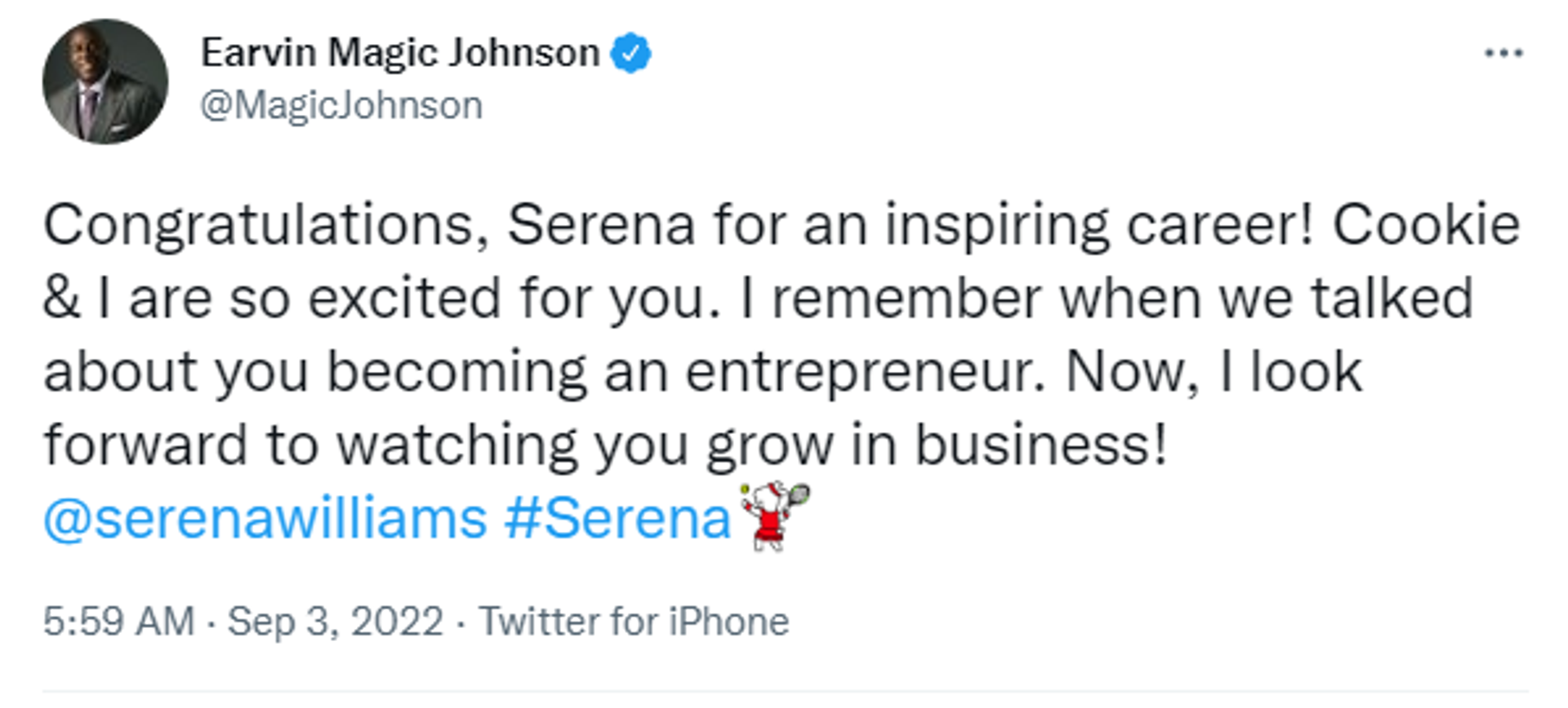 A screenshot of a tweet by NBA star Magic Johnson about the retirement of tennis star Serena Williams. - Sputnik International, 1920, 03.09.2022