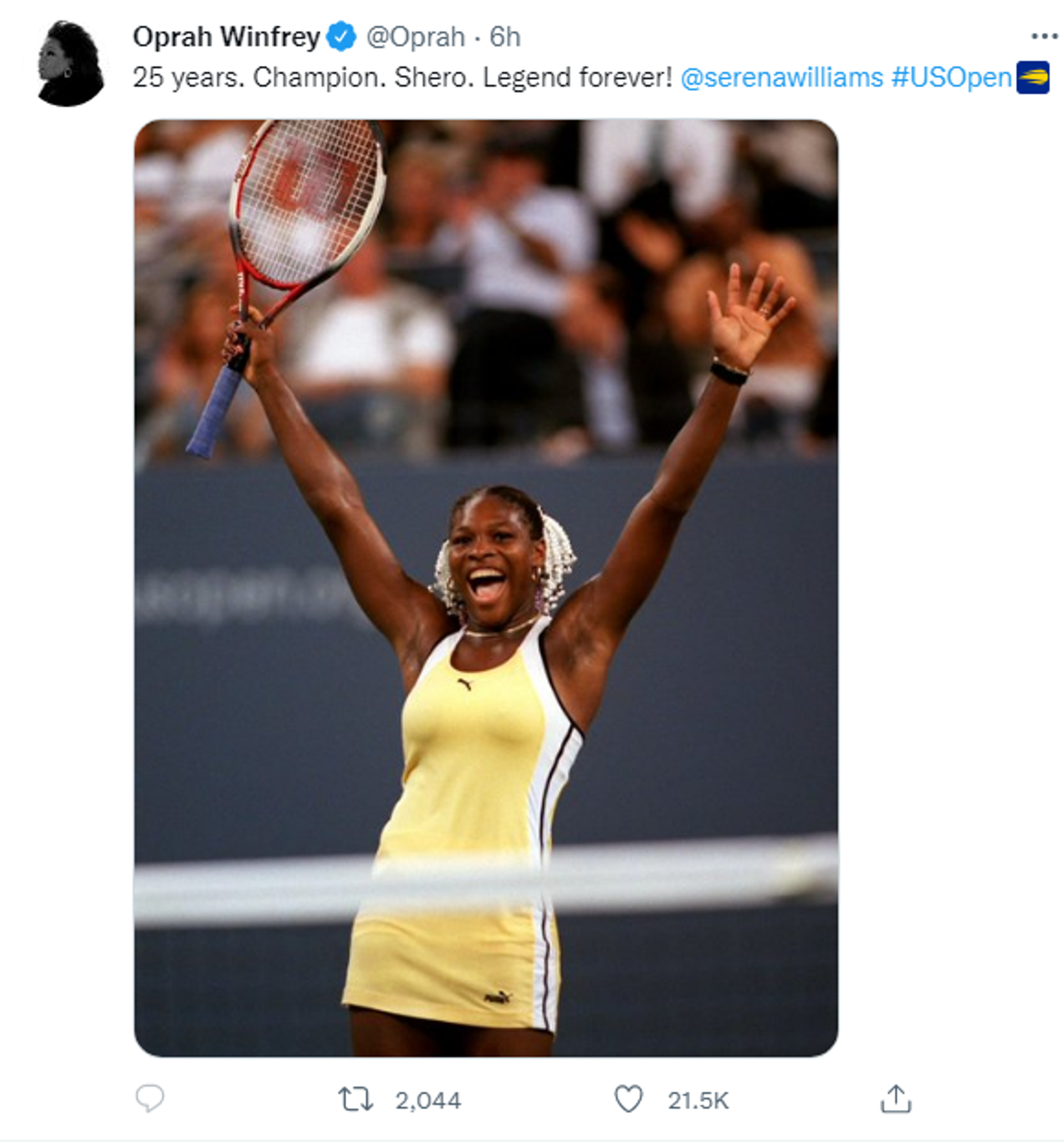A screenshot of a tweet by Oprah Winfrey about the retirement of tennis star Serena Williams - Sputnik International, 1920, 03.09.2022