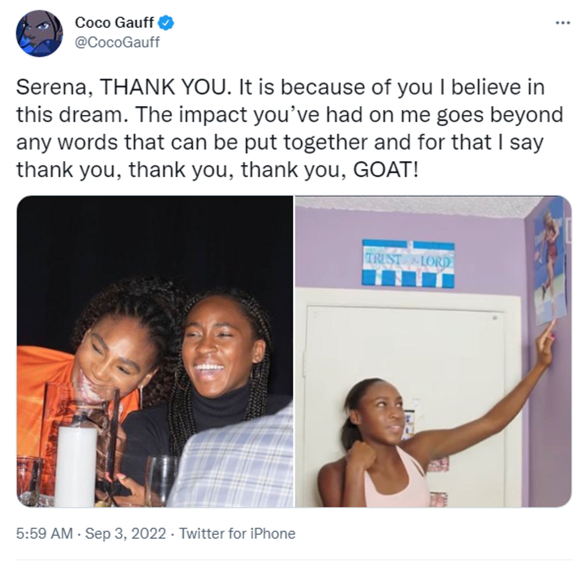 A screenshot of a tweet by tennis player Coco Gauff about the retirement of Serena Williams - Sputnik International, 1920, 03.09.2022
