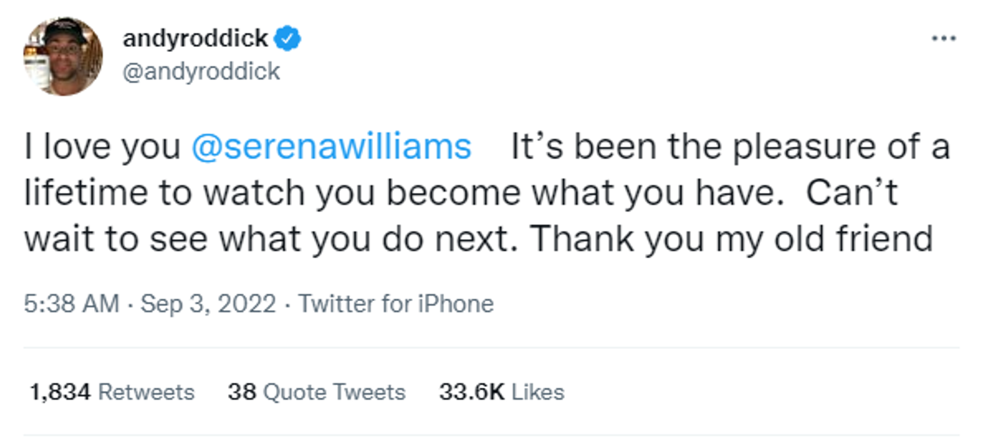 A screenshot of a tweet by tennis player Andy Roddick about the retirement of Serena Williams - Sputnik International, 1920, 03.09.2022