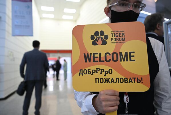 A volunteer welcomes participants of the 2nd International Tiger Conservation Forum at the Eastern Economic Forum in Vladivostok. - Sputnik International