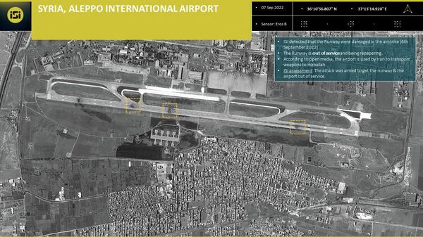 A handout picture released by ImageSat International (ISI) on September 7, 2022, shows a satellite image depicting the damage at Aleppo airport in northern Syria following reported Israeli strikes on September 6, 2022.  - Sputnik International