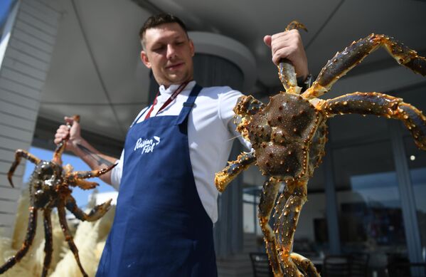 A cook demonstrates crabs at the venue of the Eastern Economic Forum in Vladivostok - Sputnik International