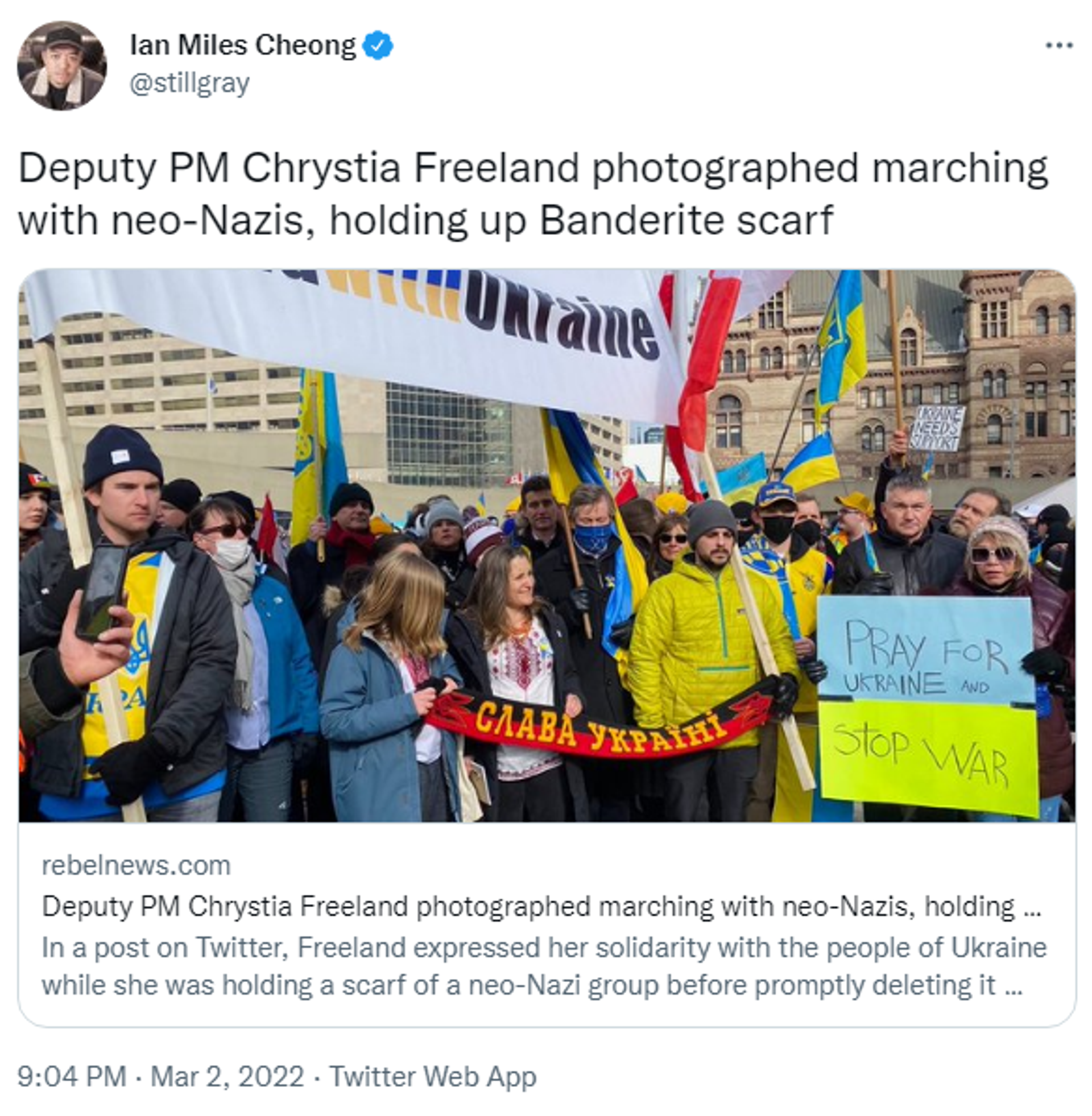 Journalist Ian Miles Cheong criticises Canadian Deputy Prime Minister Chrystia Freeland for holding a scarf in the colours of the Ukrainian Insurgent Army - Sputnik International, 1920, 08.09.2022