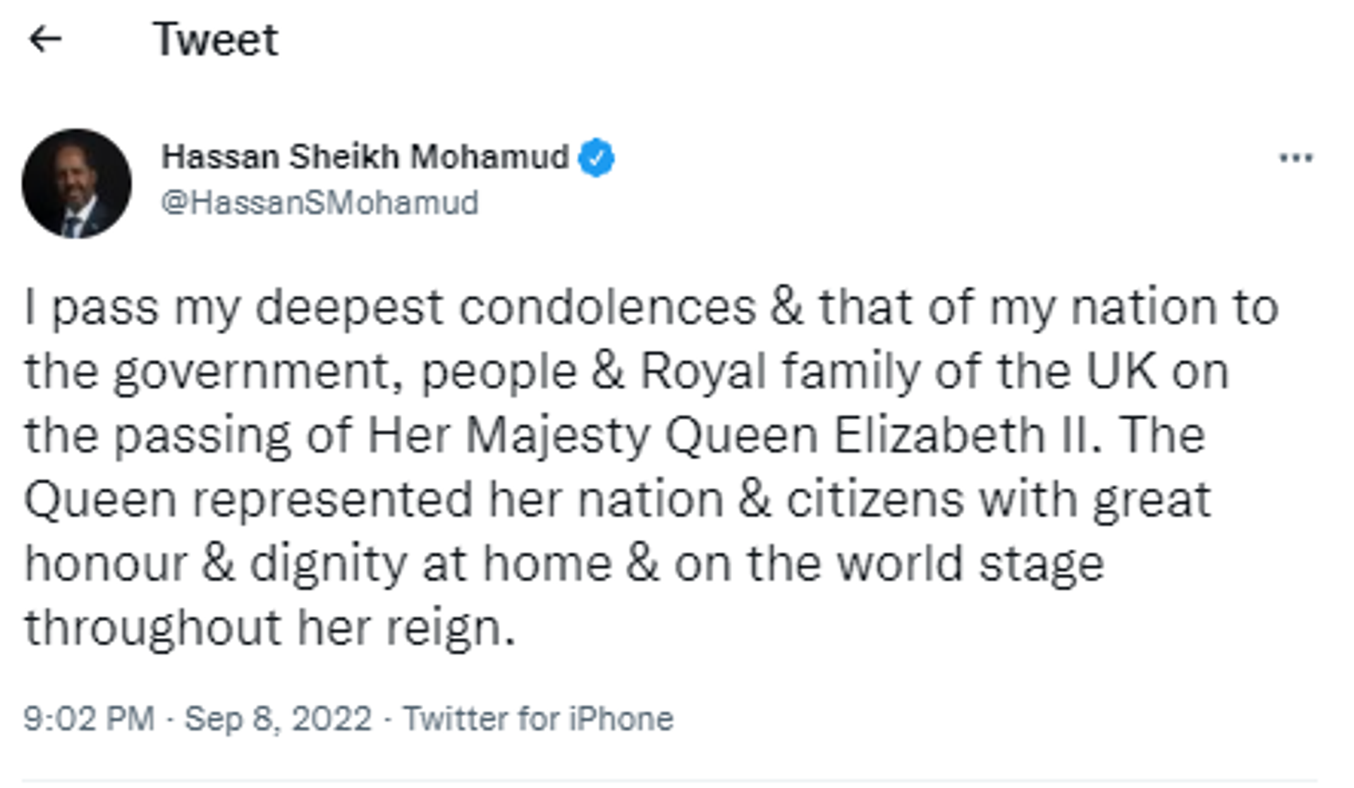 Somali President Hassan Sheikh Mohamud pays tribute to Queen Elizabeth II - Sputnik International, 1920, 09.09.2022