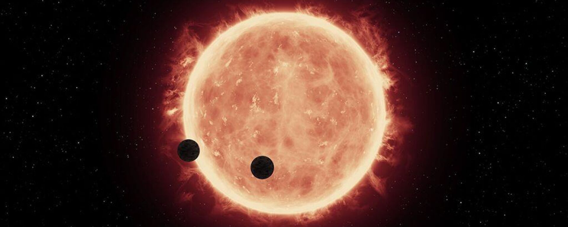 an artistic illustration of two exoplanets orbiting a red dwarf star An illustration of two rocky exoplanets transiting a red dwarf star - Sputnik International, 1920, 05.05.2023