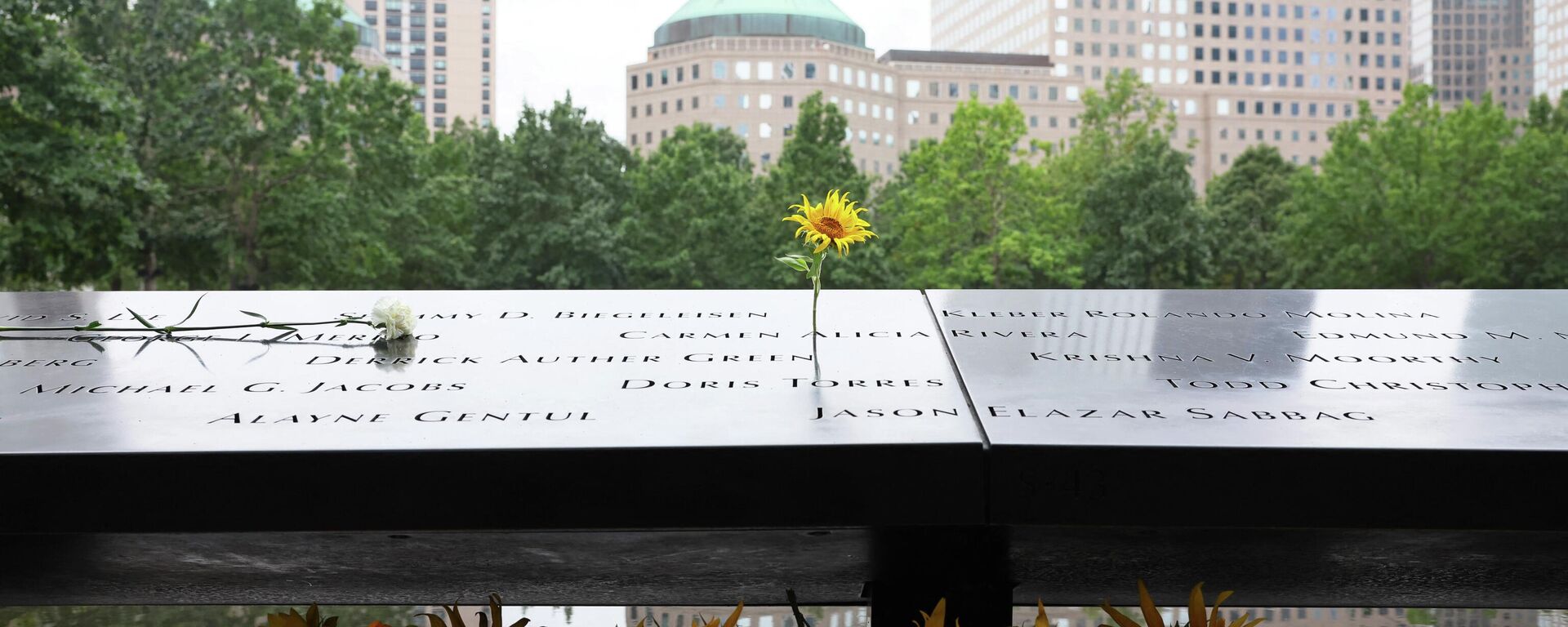 Sunflowers are seen on the names of victims of the 9/11 terror attack on the North Tower Memorial Pool during the annual 9/11 Commemoration Ceremony at the National 9/11 Memorial and Museum on September 11, 2022 in New York City. - Sputnik International, 1920, 12.09.2022
