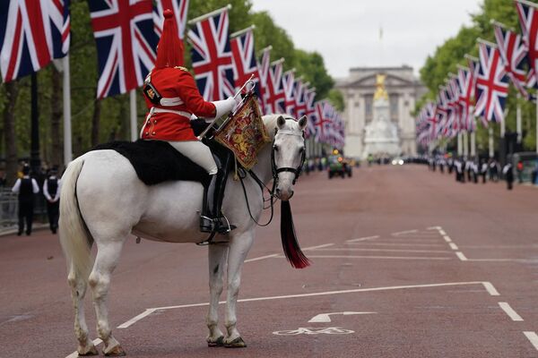 Военная лошадь в центре Лондона перед церемониальным шествием гроба королевы Елизаветы II  - Sputnik International
