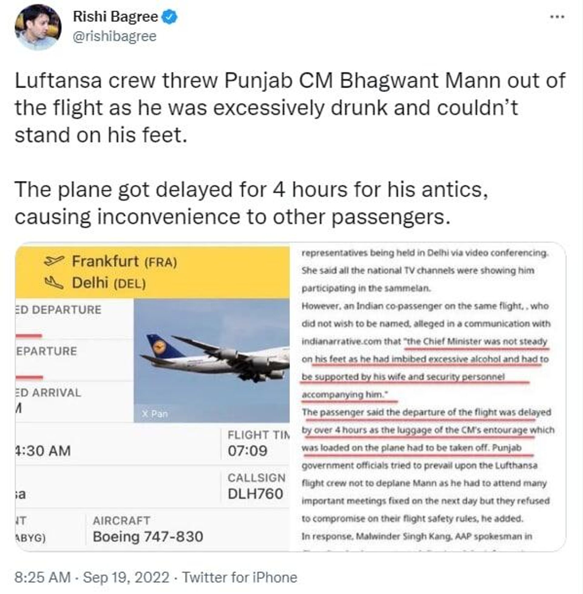 A tweet by @rishibagree about Punjab State Chief Bhagwant Mann allegedly spotted drunk on a Lufthansa flight - Sputnik International, 1920, 19.09.2022