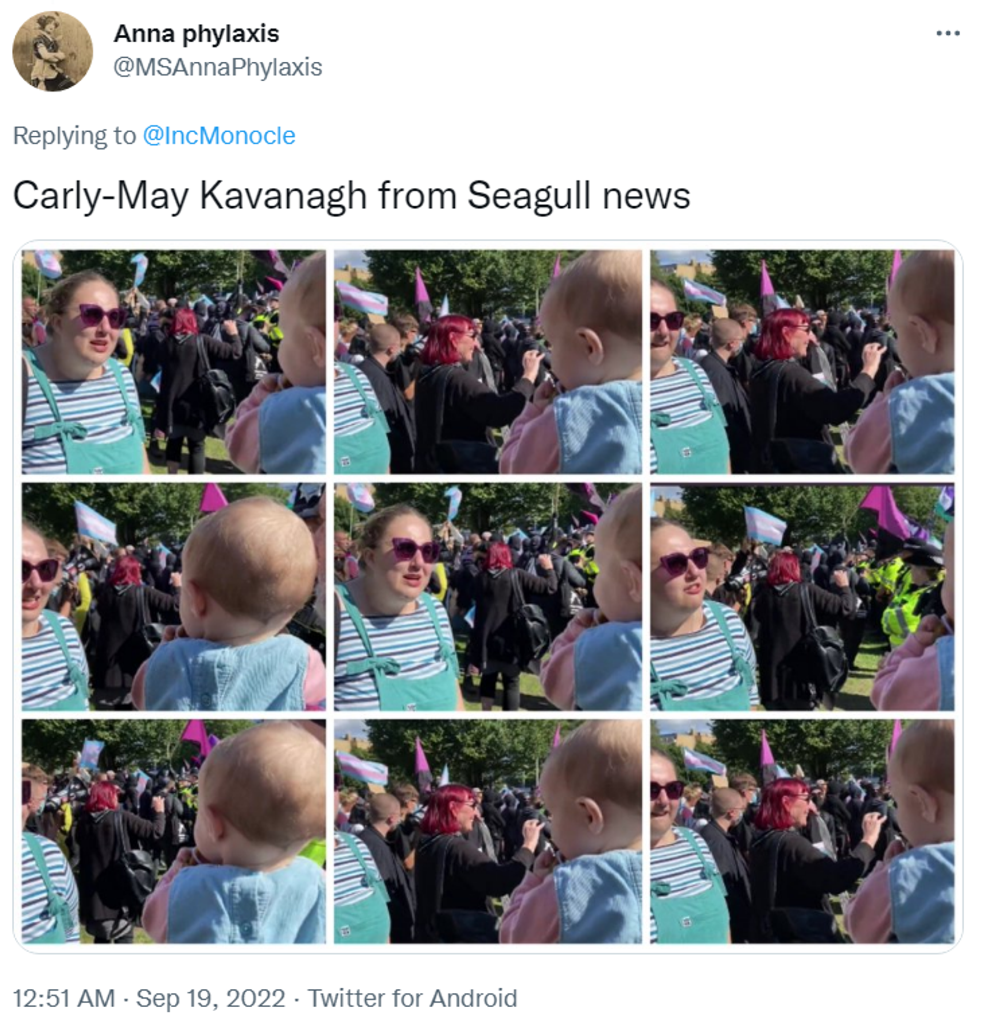 Tweet identifying Brighton Seagull editor-in-chief Carly-May Kavanagh as a woman videoed shouting fascist! at a baby - Sputnik International, 1920, 19.09.2022