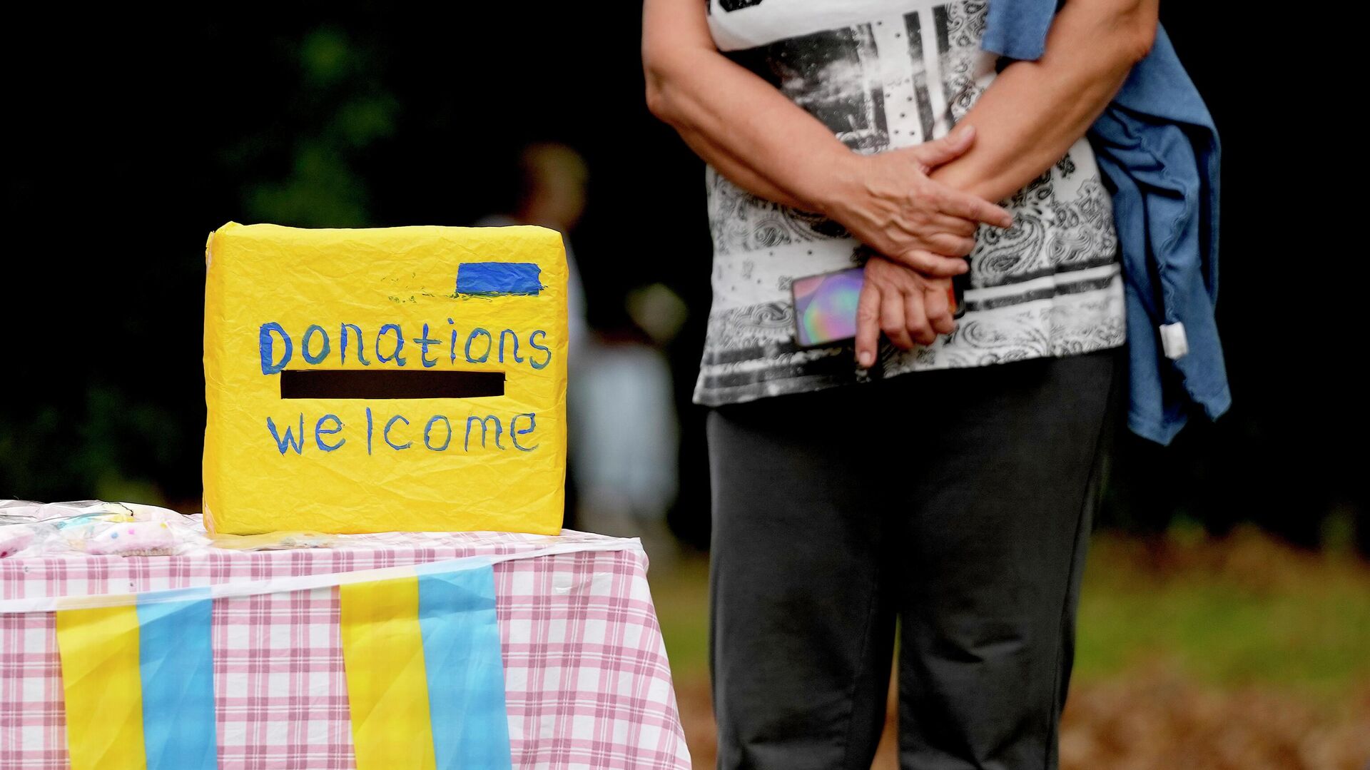 A woman waits near a donation box at the celebration for the Ukraine Independence day at a celebration in Chichester, south England, Saturday, Aug. 27, 2022 - Sputnik International, 1920, 20.09.2022