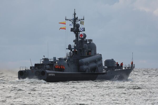 Large missile boat &quot;Dimitrovgrad&quot; of project 12411 at strategic exercises in Baltiysk Military Harbor.  - Sputnik International