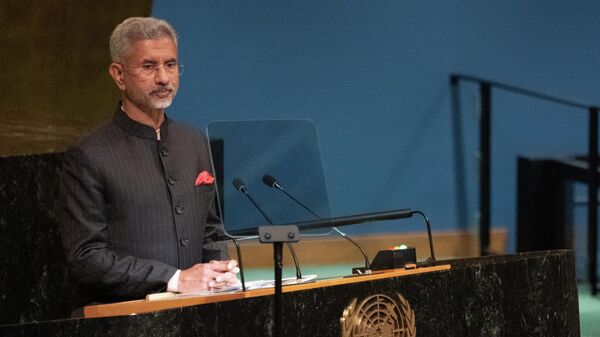 India’s Foreign Minister Subrahmanyam Jaishankar addresses the 77th session of the United Nations General Assembly at UN headquarters in New York City on September 24, 2022. - Sputnik International