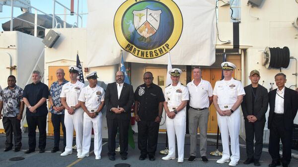 Military and civil representatives from Australia, the United States, Japan and Solomon Islands attend the closing ceremony of the Pacific Partnership 2022 on board USNS Mercy (T-AH 19) in Honiara on September 10, 2022. - Sputnik International