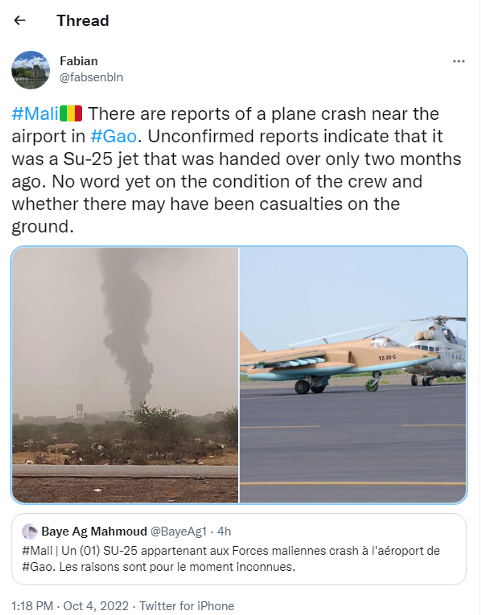 A screenshot of a tweet posted following an alleged crash of Su-25 planes at Gao International Airport in Mali. - Sputnik International, 1920, 04.10.2022