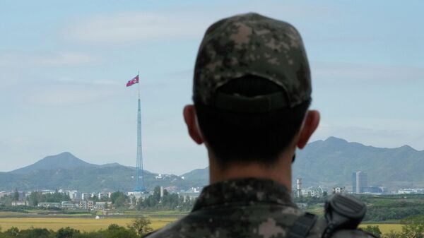 Солдат армии Южной Кореи и флаг КНДР в Пхаджу - Sputnik International