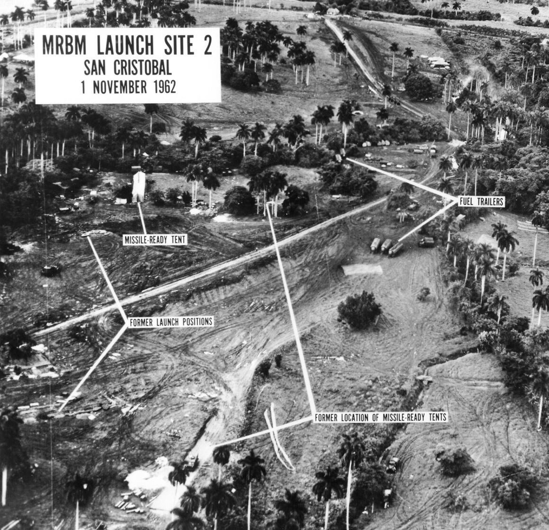 U.S. aerial reconnaissance photograph of a medium range ballistic missile launch site at San Cristobal in Cuba, on 1 November 1962 during the Cuban missile crisis. - Sputnik International, 1920, 07.10.2022