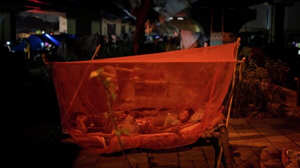 Children sleep on a cot covered with a mosquito net in their temporary shelter after their homes for inundated with floodwaters in New Delhi, India, Thursday, Sept. 29, 2022. - Sputnik International