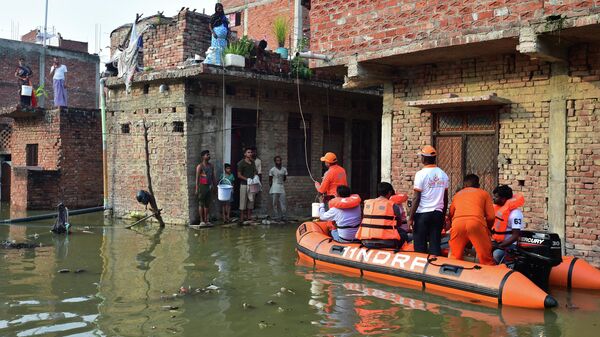 India's National Disaster Response Force (NDRF) personnel distribute food and relief materials to people in flooded areas following heavy monsoon rains that caused the overflowing of the Ganges and Yamuna rivers in Allahabad on August 27, 2022. - Sputnik International