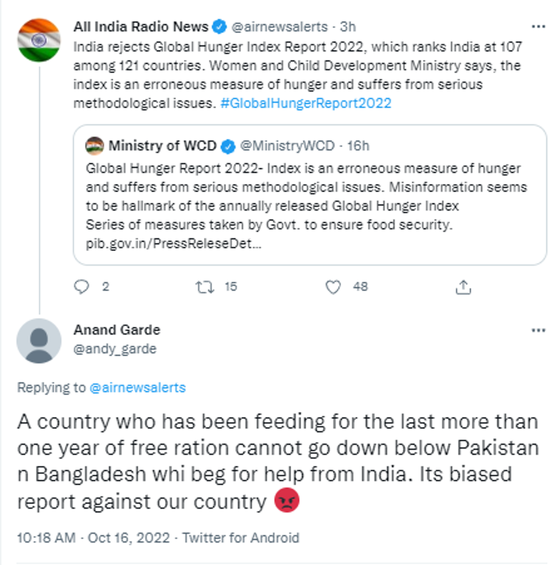Screenshot of Twitter reactions on the recently released Global Hunger Index (GHI) that ranks India at 107 positions out of 121 countries - Sputnik International, 1920, 16.10.2022