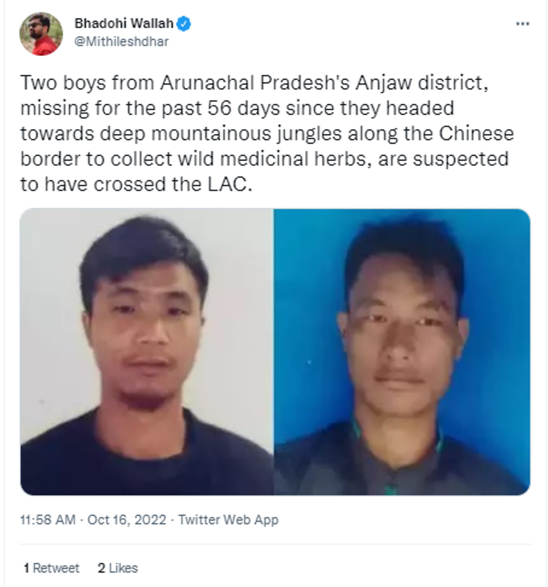Twitter Screenshot of two youth from India's Arunachal Pradesh who have been missing for the past 56 days near China border - Sputnik International, 1920, 16.10.2022