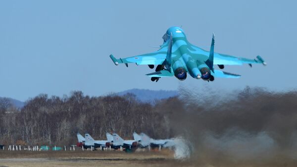 Russian Air Force Sukhoi Su-34 fighter jet taking off from an airfield. File photo.  - Sputnik International