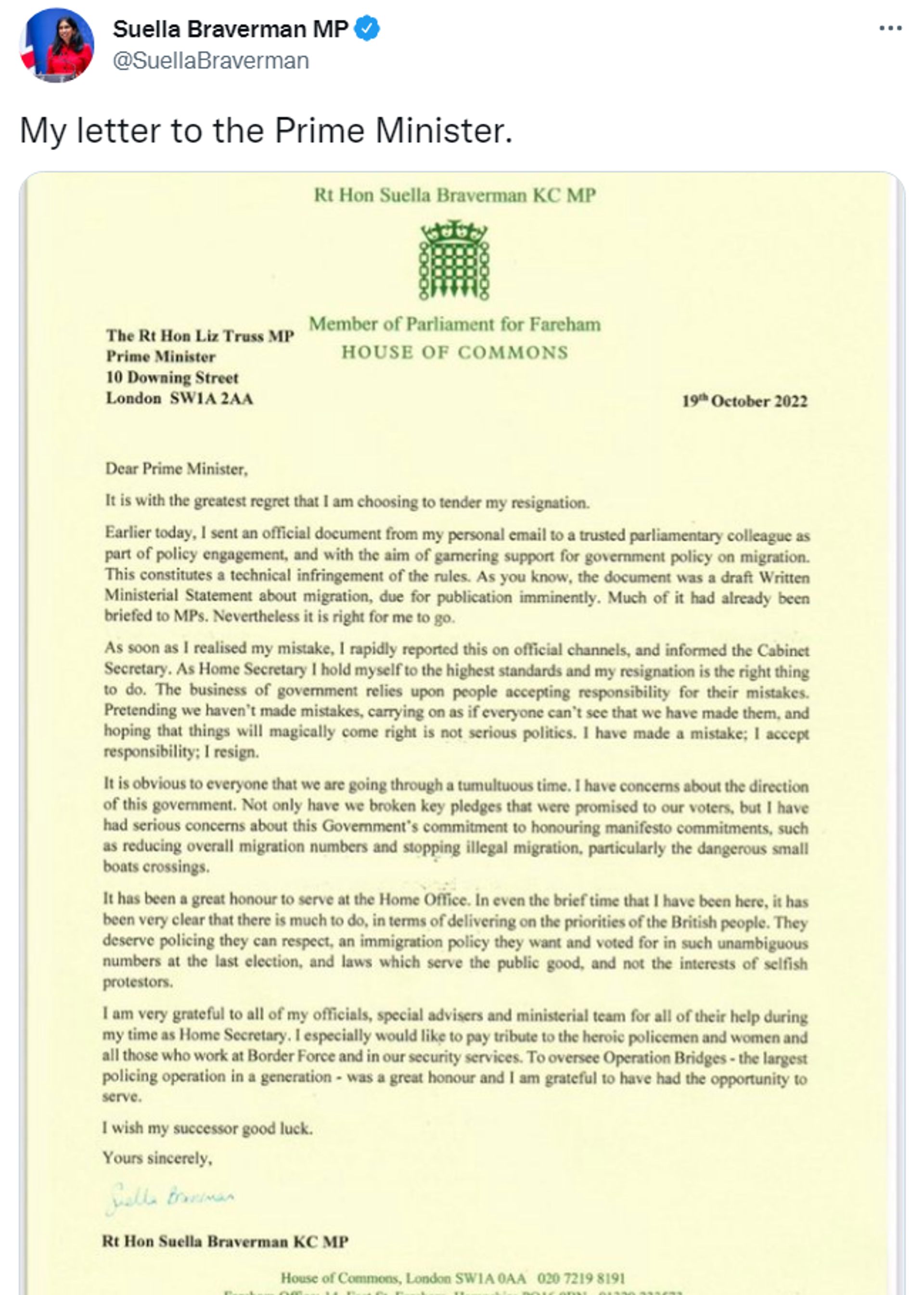 British MP Suella Braverman tweets her letter of resignation as Home Secretary to Prime Minister Liz Truss - Sputnik International, 1920, 19.10.2022