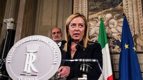 Italian designated Prime Minister Giorgia Meloni addresses the media after a meeting with Italian President Sergio Mattarella at the Quirinale Palace in Rome on October 21, 2022. - Sputnik International