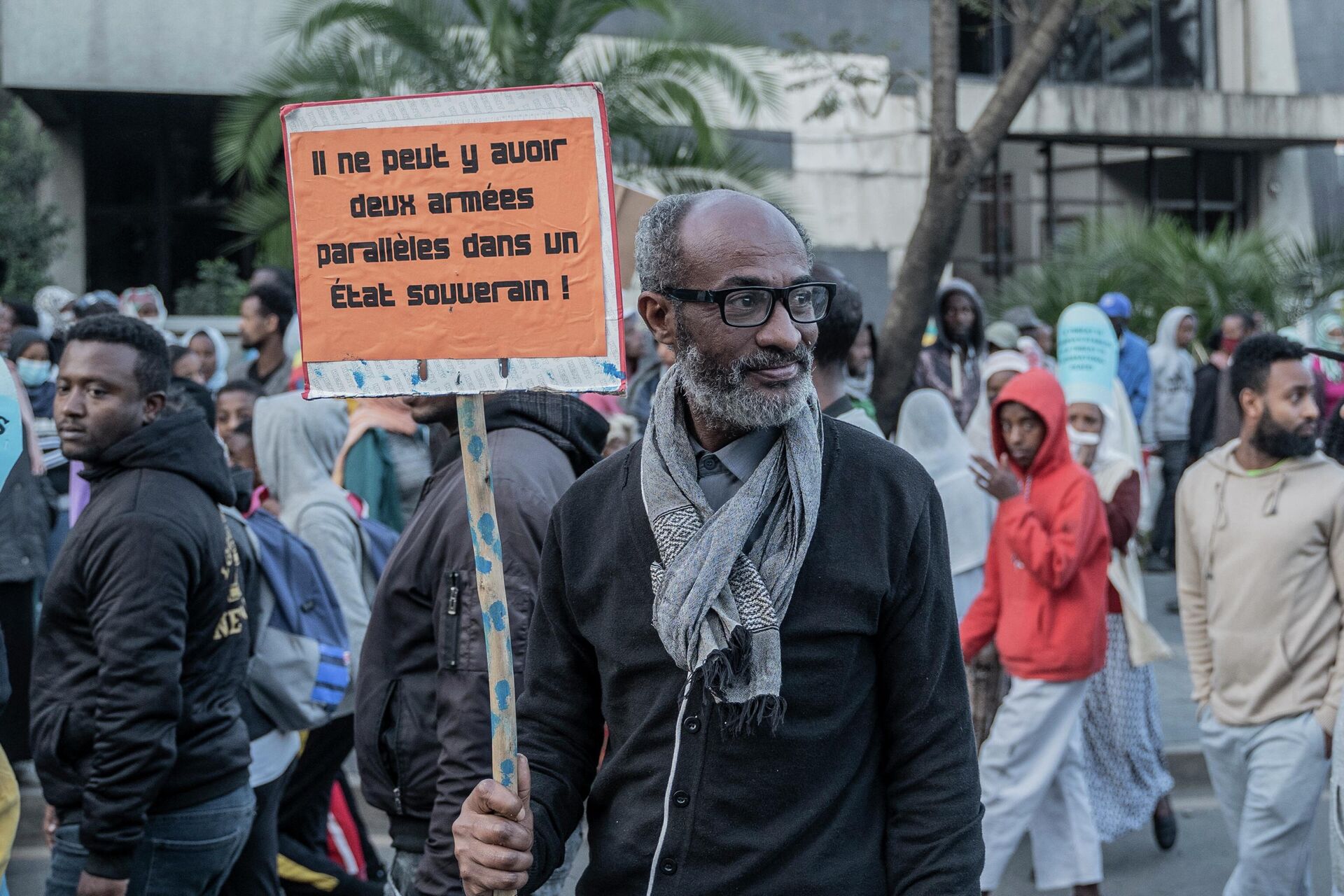 A man holds a placard reading in French there cannot be two parallel armies in a soverain state as he join others gathering in Addis Ababa, Ethiopia, on October 22, 2022 during a demonstration in support of Ethiopia armed forces. - Sputnik International, 1920, 22.10.2022
