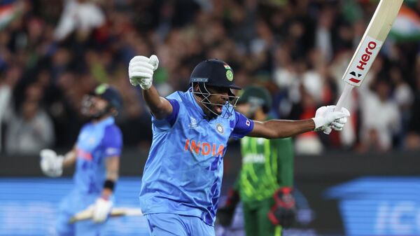 India's Ravichandran Ashwin reacts after hitting the winning runs during the T20 World Cup cricket match between India and Pakistan in Melbourne, Australia, Sunday, Oct. 23, 2022. - Sputnik International