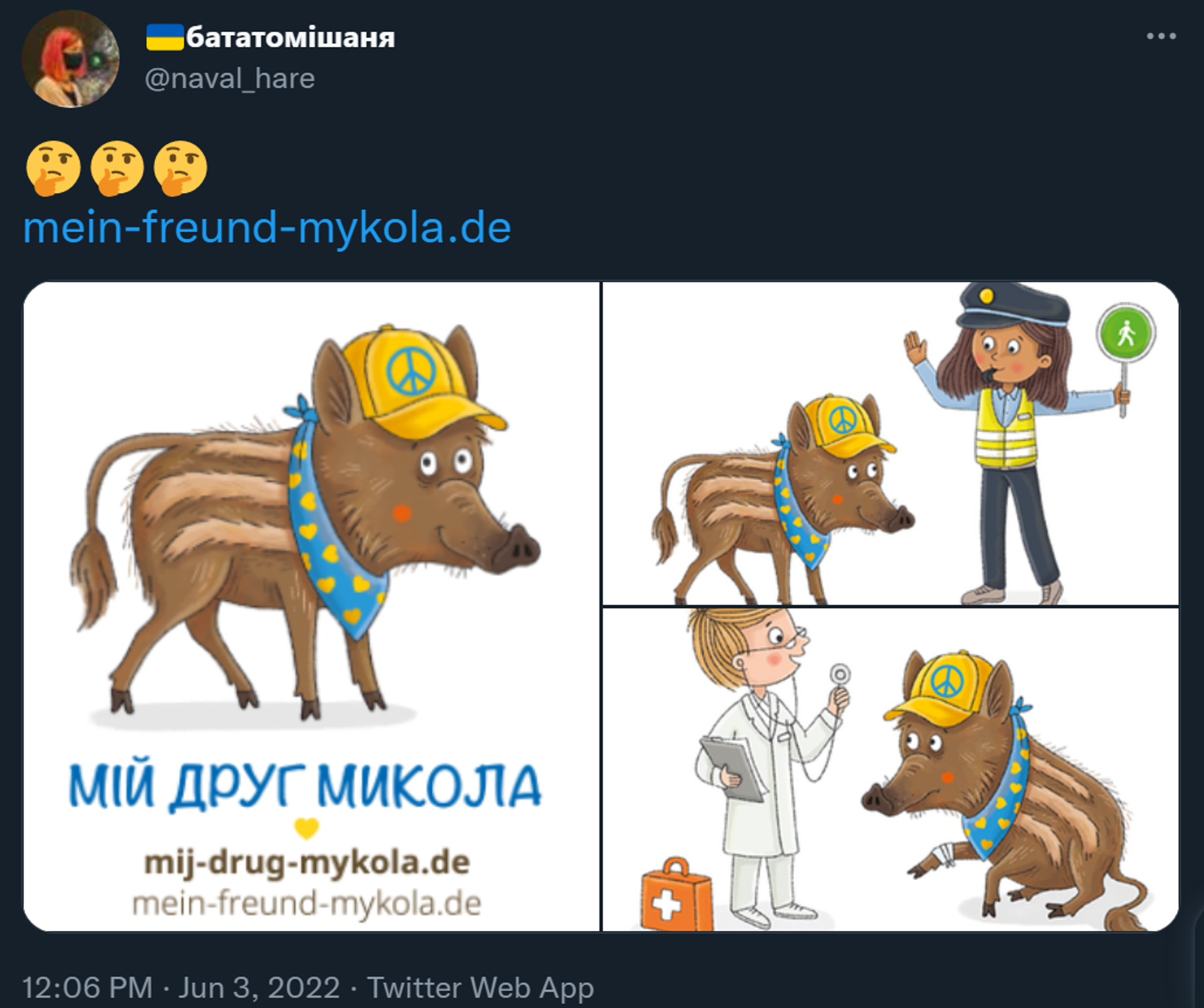 A tweet questioning the tastefulness of a German solidarity campaign portraying Ukrainian refugees as a wild boar called Mykola - Sputnik International, 1920, 05.05.2023