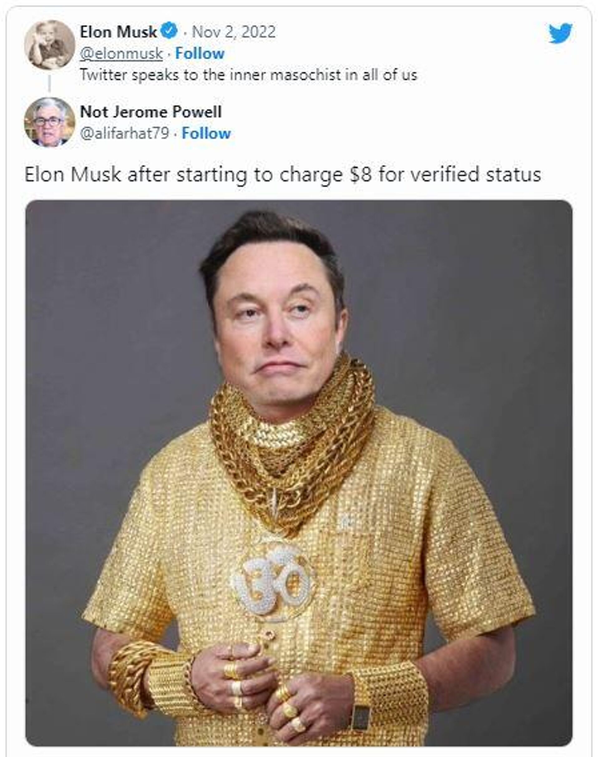 Twitter screenshot of Musk wearing gold - Sputnik International, 1920, 02.11.2022