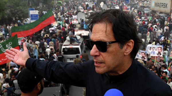 Pakistan's former prime minister Imran Khan speaks while taking part in an anti-government march in Gujranwala - Sputnik International