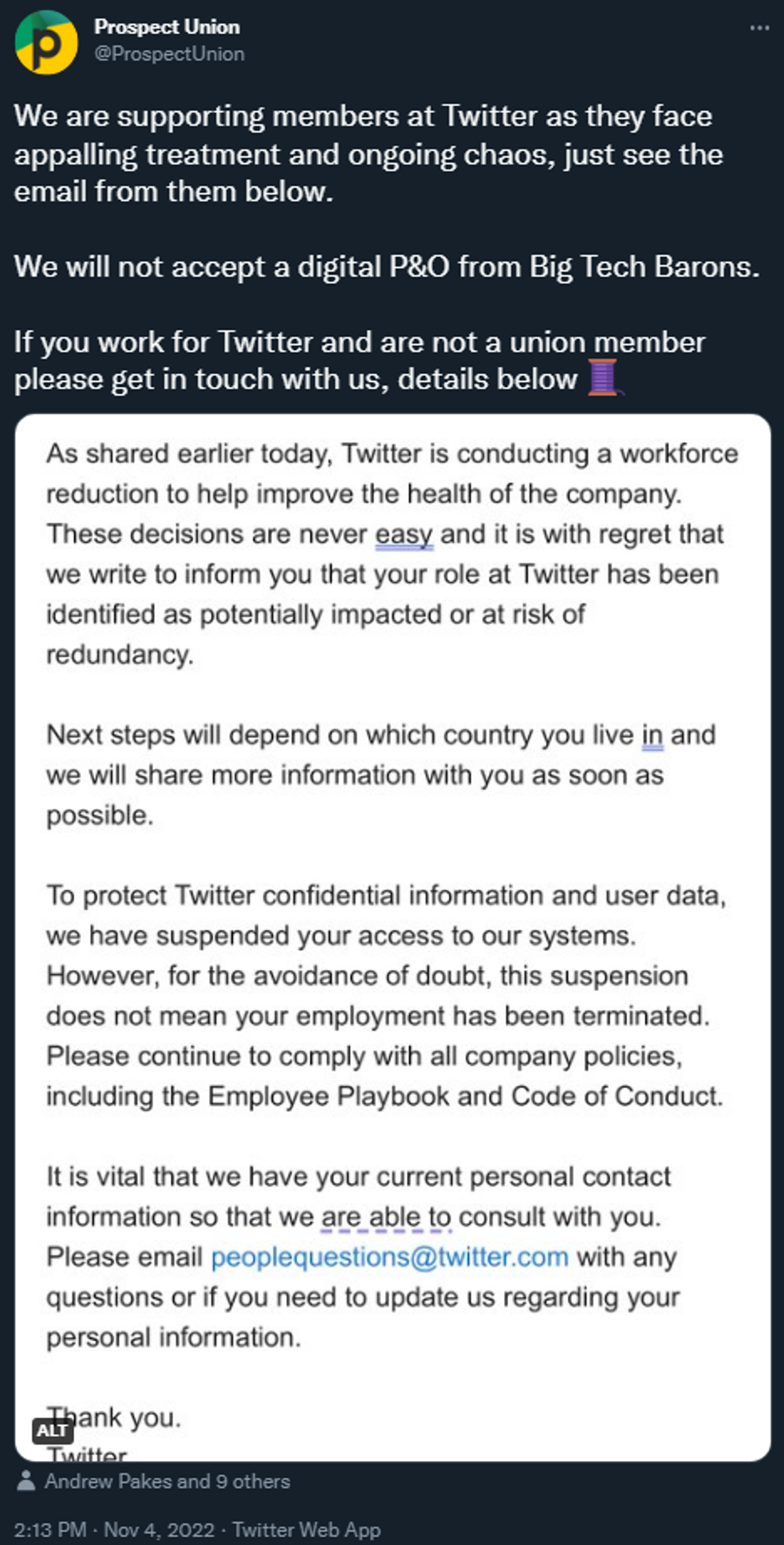 A tweet from British trade union Prospect encouraging Twitter staff facing redundancy to contact the organisation - Sputnik International, 1920, 04.11.2022
