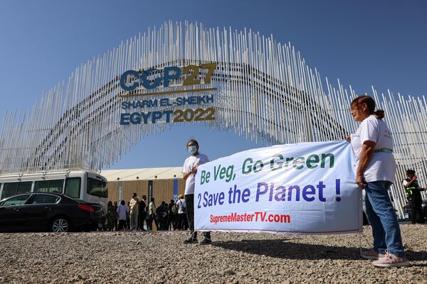 Vegan activists carry placards as they demonstrate at the entrance of the Sharm El Sheikh International Convention Centre, in Egypt&#x27;s Red Sea resort of the same name, on November 6, 2022, during the 2022 United Nations Climate Change Conference, more commonly known as COP27.  - Sputnik International
