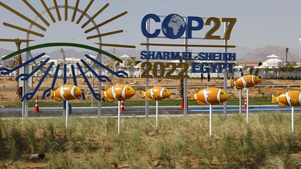 A picture shows the entrance of the Sharm El Sheikh International Convention Centre, in Egypt's Red Sea resort of the same name, on November 7, 2022, during the 2022 United Nations Climate Change Conference, more commonly known as COP27 - Sputnik International