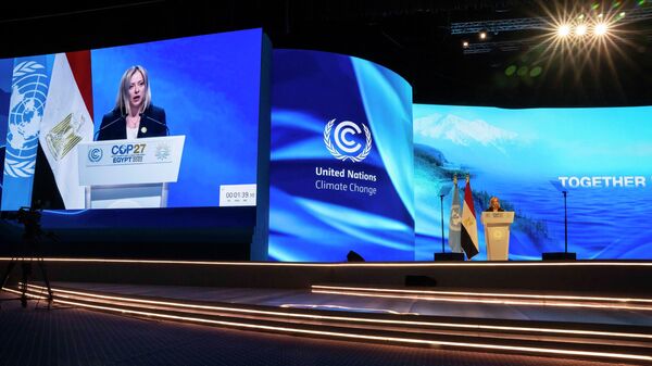 Italian Prime Minister Giorgia Meloni, delivers a speech, during the COP27 U.N. Climate Summit, in Sharm el-Sheikh, Egypt, Monday, Nov. 7, 2022. - Sputnik International