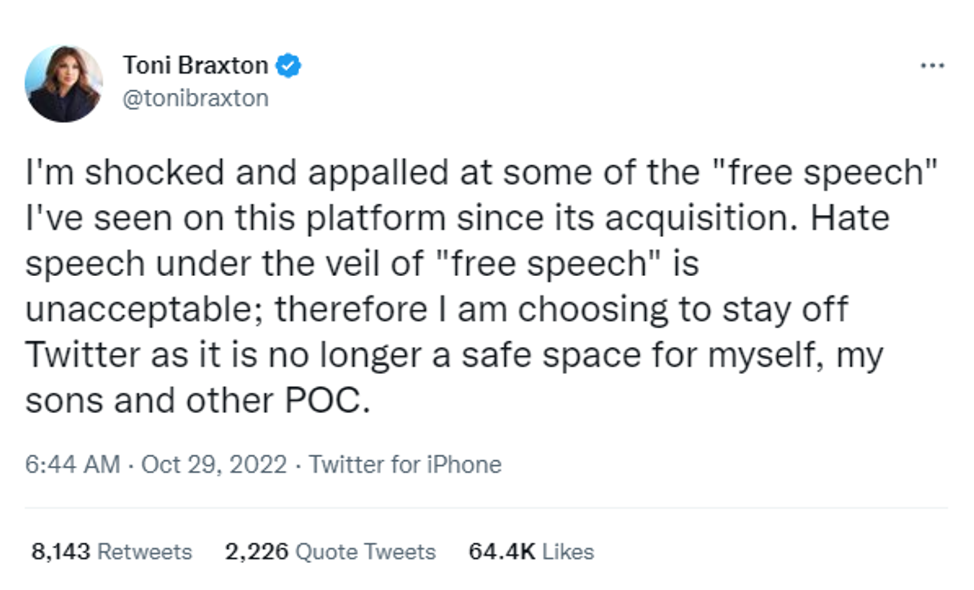 Screenshot of singer Toni Braxton' last Twitter post as she announced her exit from the microblogging platform - Sputnik International, 1920, 08.11.2022