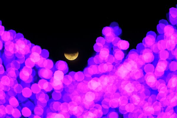 Лунное затмение, наблюдаемое сквозь рождественскую иллюминацию на площади в Каракасе, Венесуэла - Sputnik International