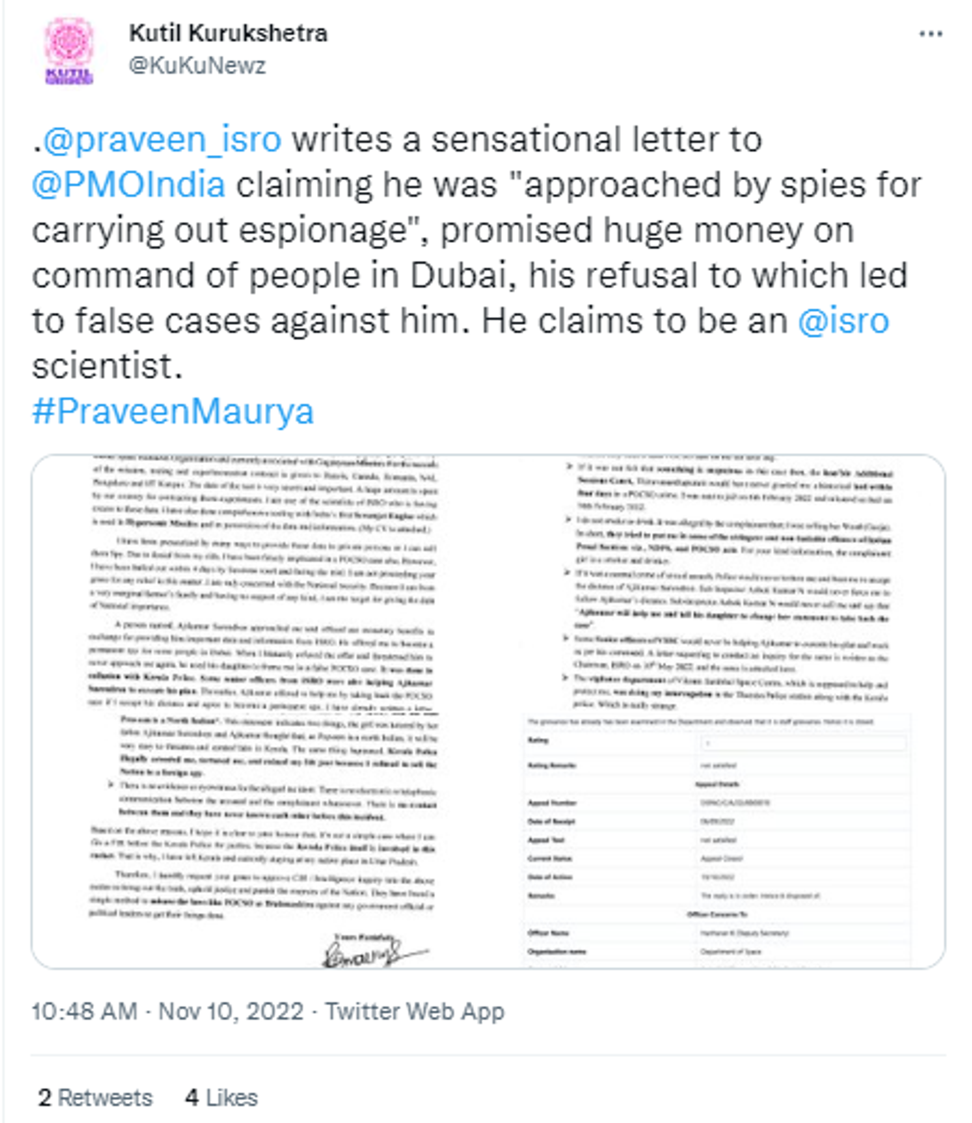 Twitter screenshot of letters  filed by ISRO scientist Praveen Maurya to Prime Minister Narendra Modi - Sputnik International, 1920, 11.11.2022